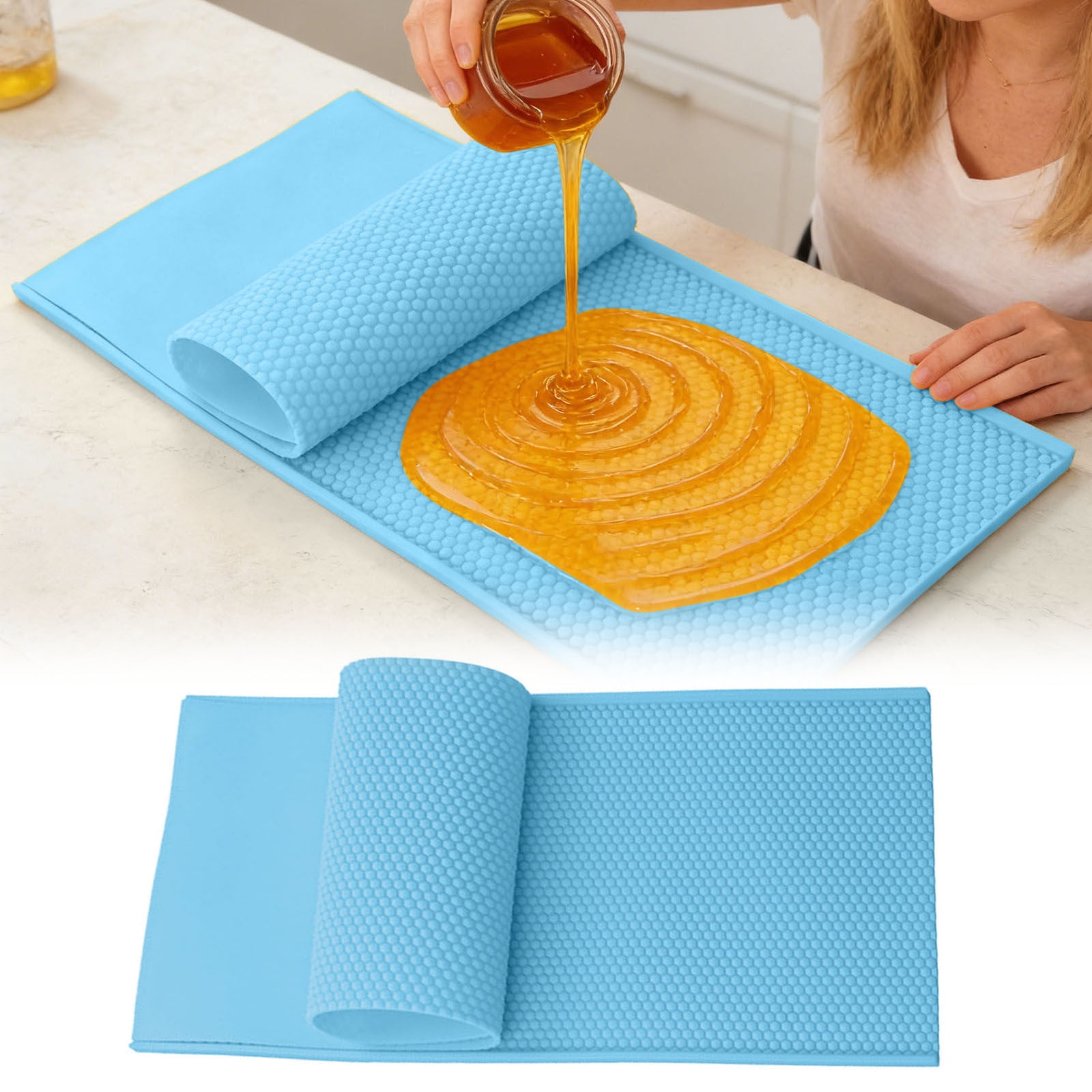 Silicone Beeswax Foundation Press Mold with Honey Scraper, 5.4mm Honeycomb 2 Sheets Non-Stick Reusable for Beekeeping and Candle Making Supplies (Blue)