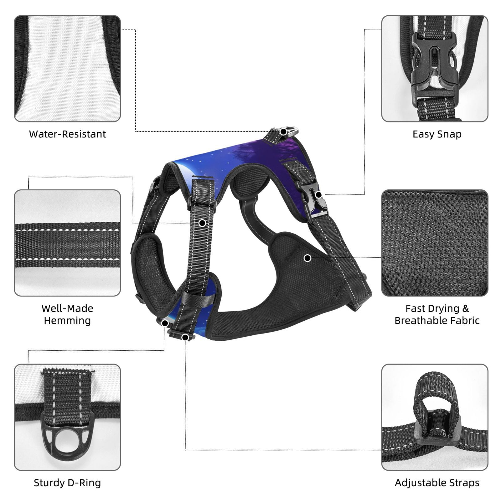 Kdxio Dreamy Colorful Starry Sky Print No Pull Dog Harness Adjustable Reflective Oxford Easy Control Medium Large Dog Harness for Training and Everyday-X-Large