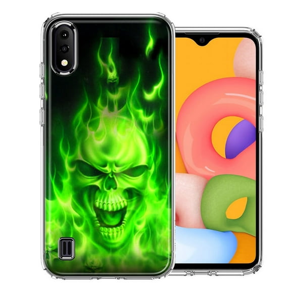 MUNDAZE For Samsung A01 Green Flaming Skull Design Double Layer Phone Case Cover