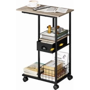 C Shaped Sofa Side Table with Wheels Rolling Small Coffee Table with Drawer Portable TV Tray Table for Couch Bedside Table with Storage Narrow Nightstand for Bedroom End Tables Livin