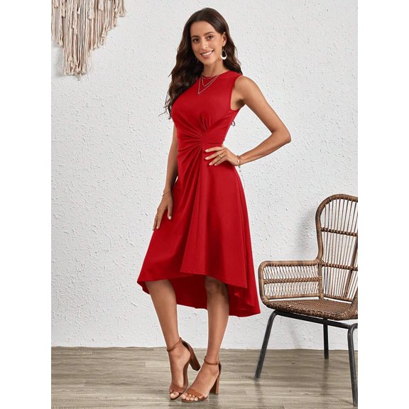 Elegant stylish sleeveless solid color A-line pleated dress