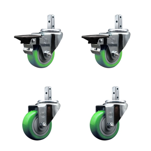 3 Inch Green Polyurethane Wheel Swivel 7/8 Inch Square Stem Caster Set 2 Brakes