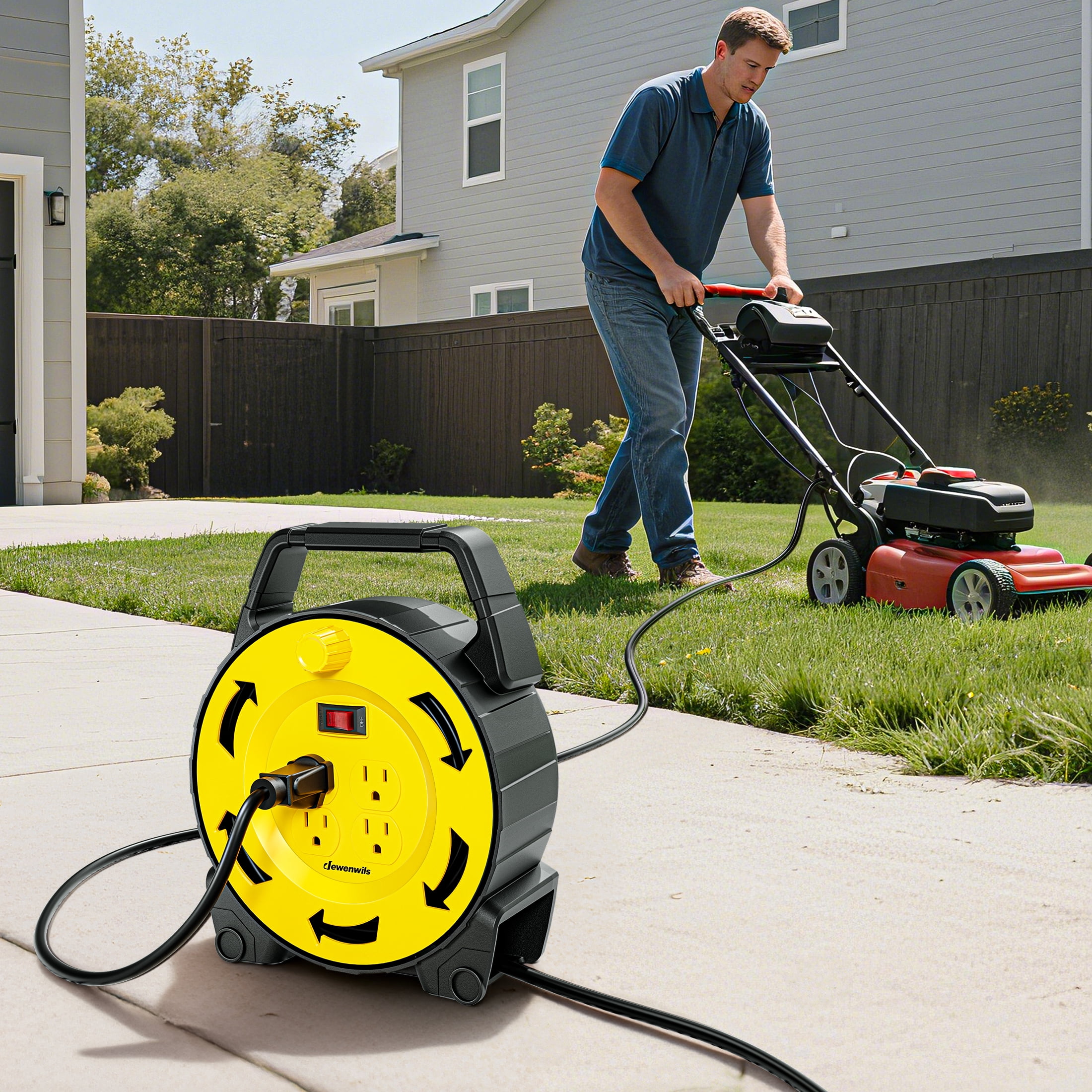 DEWENWILS Extension Cord Reel with 30 FT Power Cord, Hand Wind Retractable, 16/3 AWG SJTW, 4 Grounded Outlets, 13 Amp Circuit Breaker, Yellow Black, UL Listed