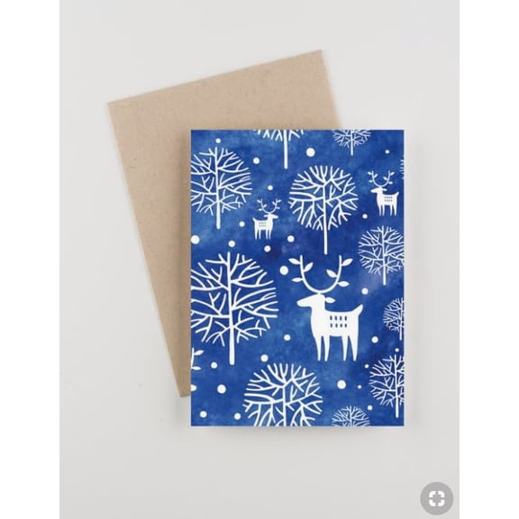 Winter Greeting Card with Reindeer and Trees – Whimsical Blue Watercolor Design – Blank Inside for Personal Messages – Includes Kraft Envelope – Perfect for Holidays and Seasonal Wishes