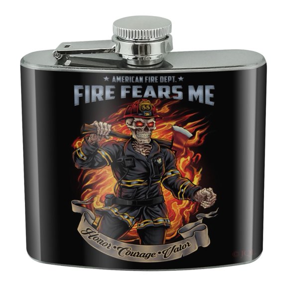 American Fire Department Firefighter Skeleton Fears Me Stainless Steel 5oz Hip Drink Kidney Flask