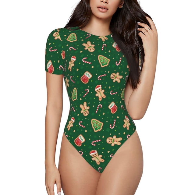 Balery green Christmas Element Body de cuello redondo de manga corta para mujer Tops de manga corta Tops básicos-Medium