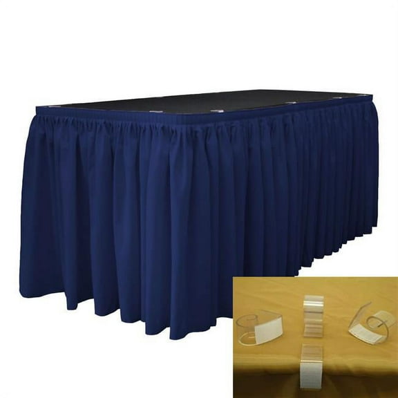 LA Linen SKT-Pop-30x29-15Lclips-NavyP72 Polyester Poplin Table Skirt with 15 L-Clips, Navy Blue - 30 ft. x 29 in.
