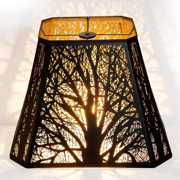 SWAIFDEE Rectangular Cut-Corner Bell Metal Lamp Shade, Large Lampshade Etched Forest Pattern, Outer Black & Inner Gold, (7 9)" Top x (10.25 16)" Bottom x 12.25" High