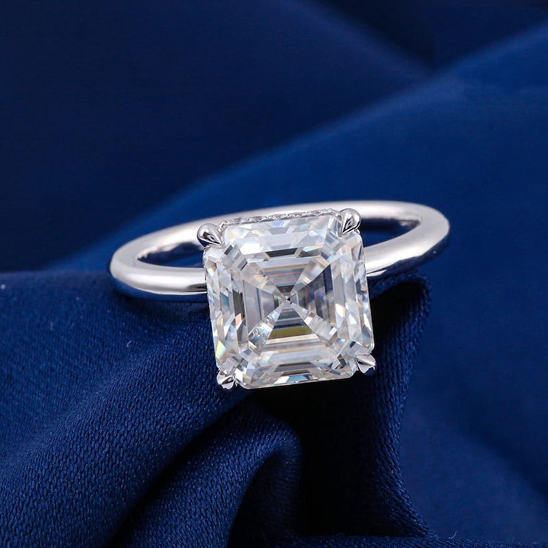 solitaire jewels 4CT Asscher Moissanite Hidden Halo Engagement Ring For Women, 14K Yellow Gold