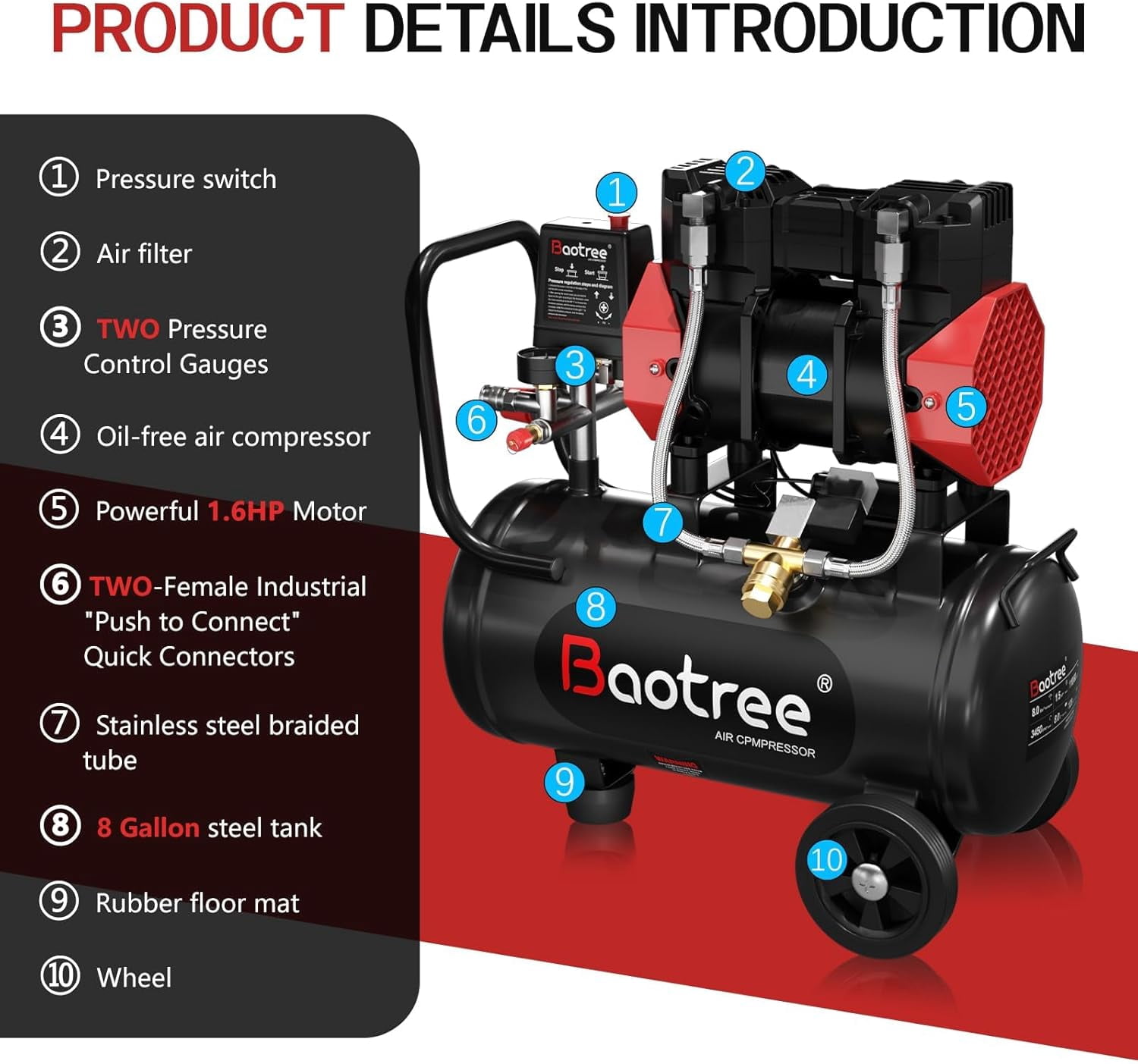 8Gal Portable Ultra Quiet Air Compressor, Max 115PSI 1.5HP 4.52CFM 70dB Low Noise Oil-Free Air Compressor for Auto Repair, Bike Tires, Garage Spray Painting 110V/60Hz