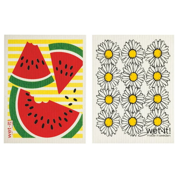 Wet-It! Swedish Treasures Dishcloth & Cleaning Cloth - Set of 2 - Watermelon & Daisies - (Paper Towel Replacement)