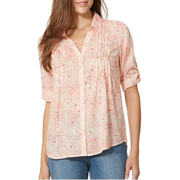 Gloria Vanderbilt "GISELLE" Pintuck RollTab Sleeve Blouse (Coral Punch