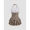 thumbnail image 2 of Multicolor Leopard Print Halter Deep V Neck Ruched Peplum Mini Dress For Women, 2 of 6