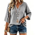 thumbnail image 7 of thefmos Women's V Neck 3/4 Sleeve Plaid Top Loose Fit Lightweight Cute Blouse Casual Fashion Spring Fall Outfitt, Black 3XL, 7 of 7