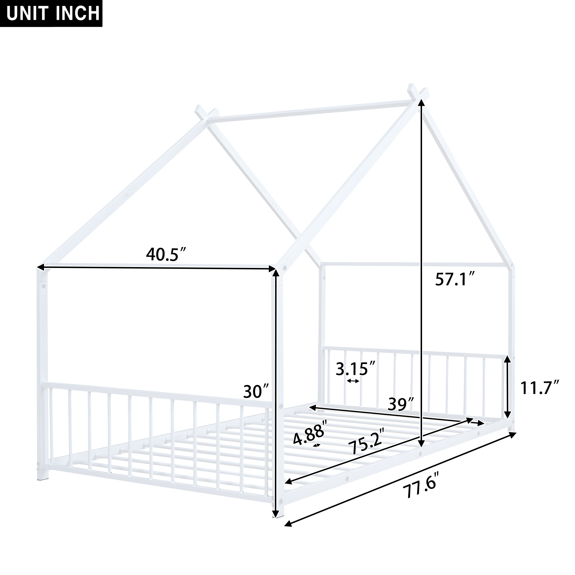 Gewnee Twin Size House Bed with Roof and Fence,Metal Montessori Platform Bed for Toddle and Kids,White