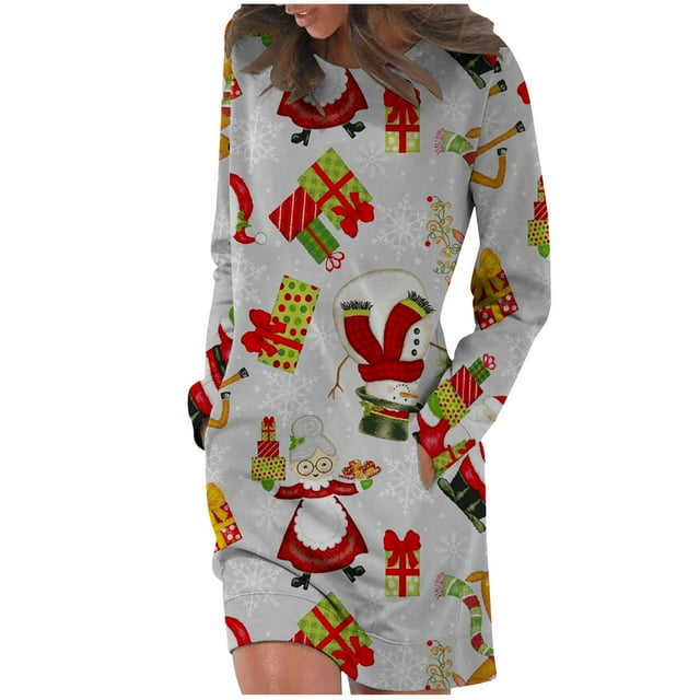 Pompotops Robe de Mode Décontractée Confortable à Manches Longues Col Rond Imprimé de Noël en Solde