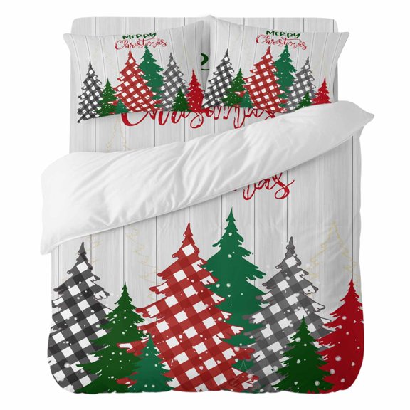 Duvet Cover Set Queen Size 4 Pieces, Christmas Tree Red Buffalo Lattice Comforter Cover Soft Bedding Sets, Farmhouse White Wood Board Bed Set Include 1 Duvet Cover, 2 Pillow Shams, 1 Bed Sheet