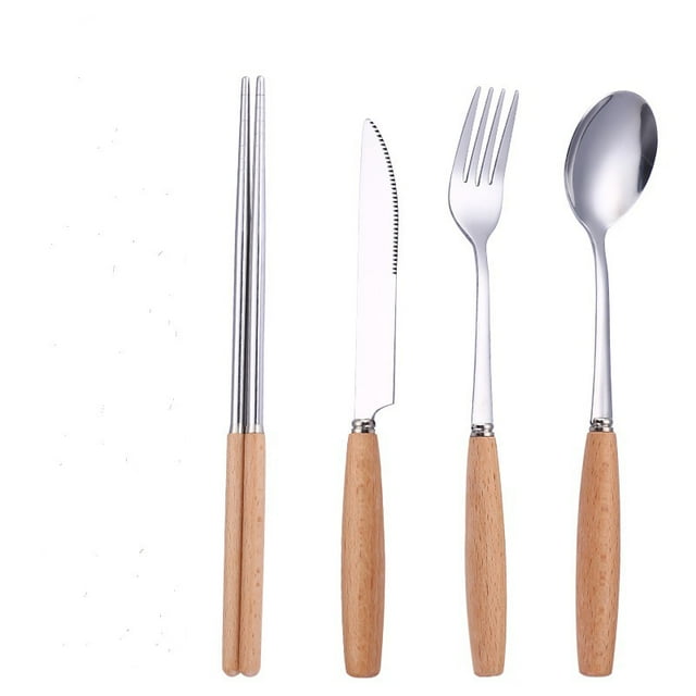 Vajilla con mango de madera de estilo japonés, vajilla de acero inoxidable, cuchillo de comida occidental, tenedor, cuchara, palillos de madera, cuchara de sopa, tenedor de fruta