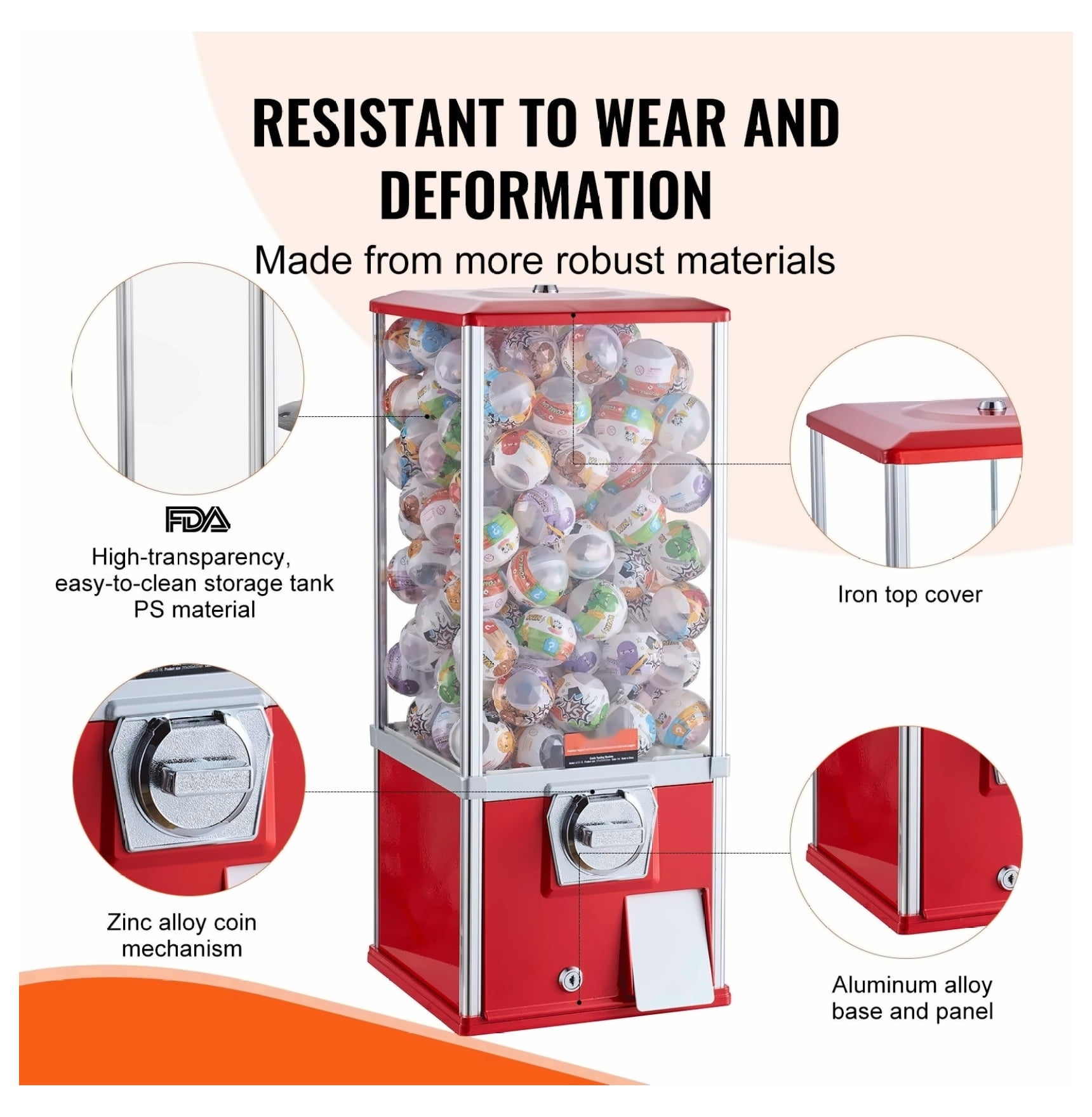 Gumball Machine for Kids, 25" Vending Machine, Capsule Toy Dispenser, Holds 230, Coin Operated, Red