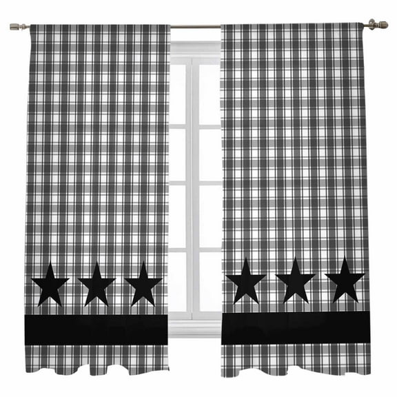 Sheer Curtains 63 inches Long, Checkered Art Abstract Gary Plaid Stars Decor Light Filtering Sheer Window Curtains Rod Pocket Voile Drapes for Bedroom Living Room, 52"W x 63"L 2 Panels