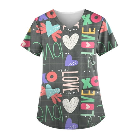 

QWERTYU V Neck Scrubs Top for Women Short Sleeve Casual T Shirt Professionals Working Uniform Pockets Holiday Nursing Scrubs Multicolor 2XL