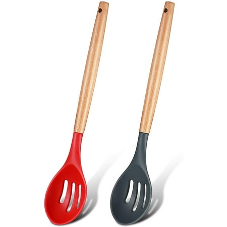 

2 Pieces Silicone Spoon with Wooden Handle 12.4 Inch Non-Stick Slotted Serving Spoon Heat-Resistant Cooking Utensil Spoons for Kitchen Baking Stirring Draining Red and Black