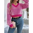 thumbnail image 4 of Women'S Cropped Sweater V-Neck Long Sleeve Crop Sweater Pullover Jumper Knit Top Rose Red S, 4 of 8