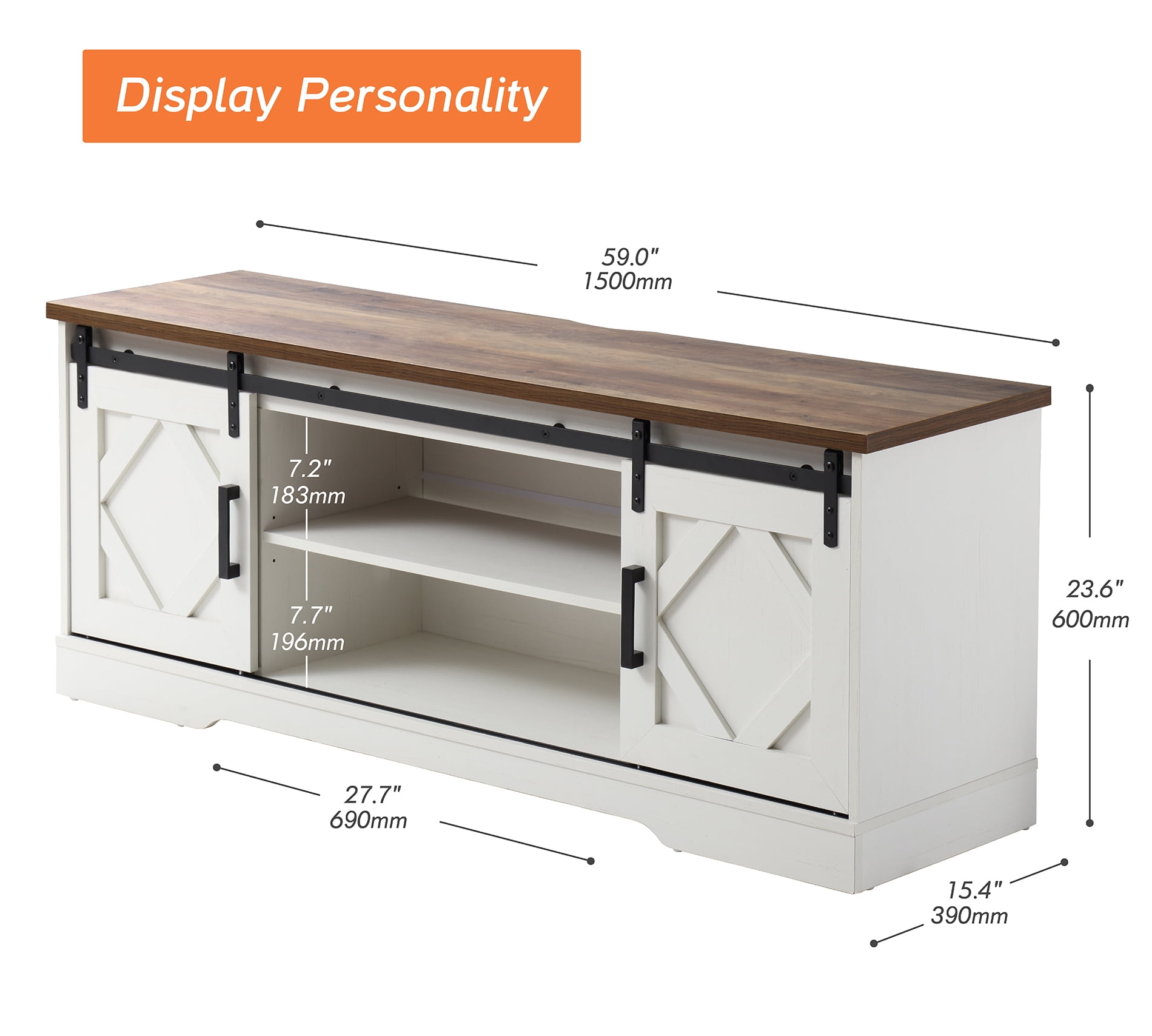Wampat Modern Farmhouse Sliding Barn Door TV Stand for TVs up to 65" with Adjustable Shelf, Rustic White, 59 Inch