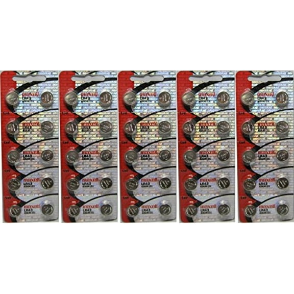 50 Maxell Batteries LR43 (186, AG12) Alkaline Button Size Battery, Hologram Package