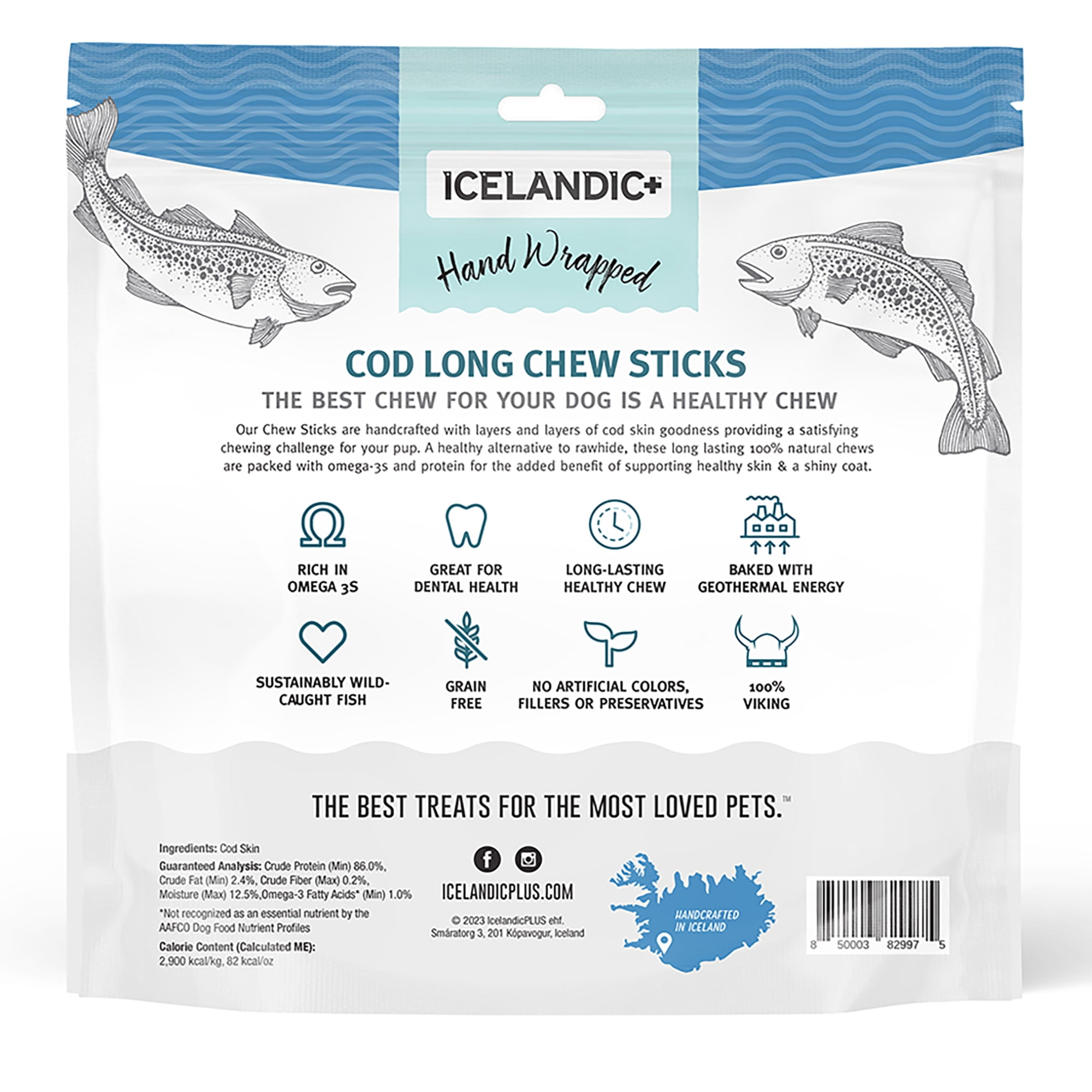 Icelandic+ Cod Skin Long Chew Sticks 10" - 12 Pack Bag - Dog Treats, Hand Wrapped Long-lasting Chews, Air-Dried Single Ingredient, No Preservatives