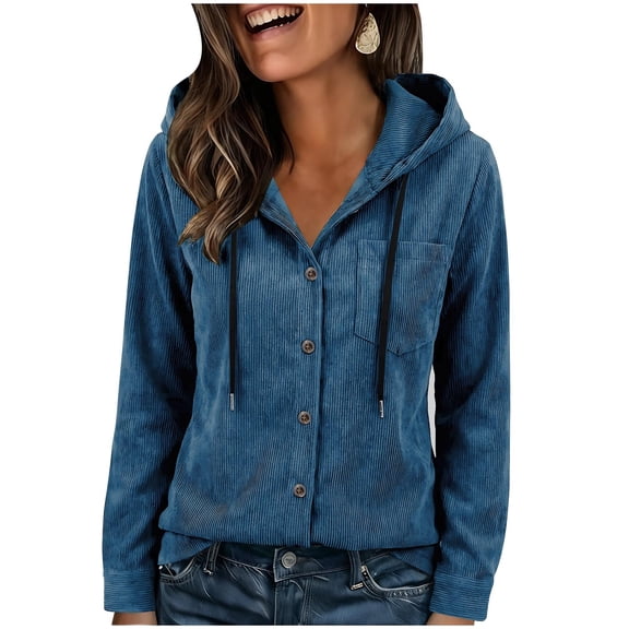 Giftesty Women's Loose Fit Multi-Color Hooded Long Sleeve Corduroy Chest Pocket Casual Jacket Top