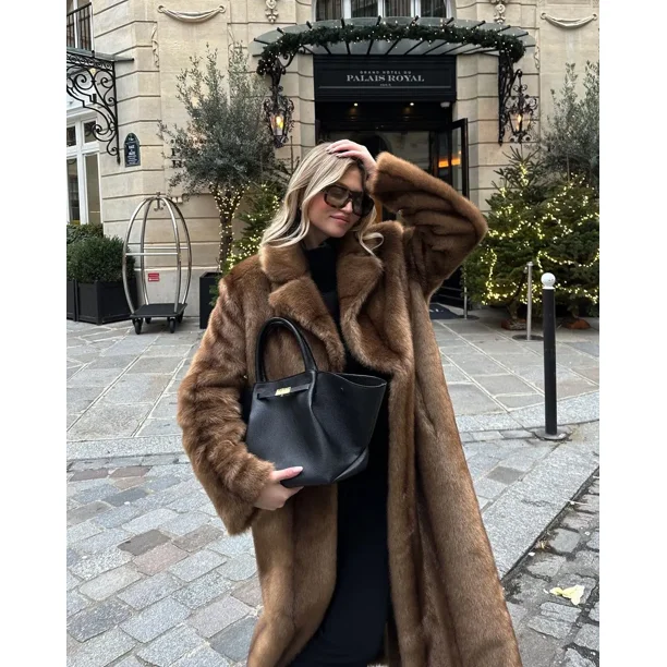 Gabardina larga y gruesa de piel sintética para mujer, con un botón abrigo de lana, cálido y esponjoso, ropa de calle para invierno, novedad de 2024