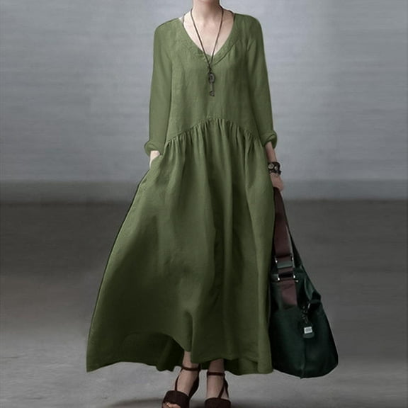 Women's Fashion Long Sleeve V Neck Casual Linen Maxi Dress With Elegant Vest Design Ladies Dresses Casual Long Beach Dresses for Women Summer Long Dress with Pockets Dresses for Women Loose Long Wrap