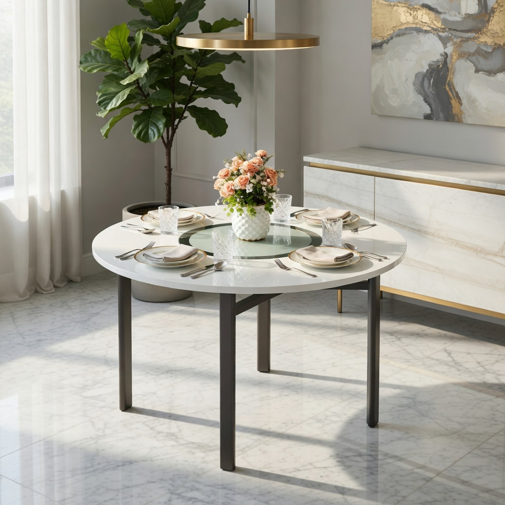 Hommoo 42 Inch Round Dining Table, Modern MDF Top with Gray Tempered Glass Inlay & Metal Base, 4-6 Person Minimalist Table for Dining Room, Kitchen, or Office, White & Black