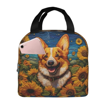 Insulated Lunch Bag for Women Men - Artistic Sunflower Corgi Leakproof Cooler Lunch Box for Women Men  Lunch Tote Bags for Work School Picnic Travel
