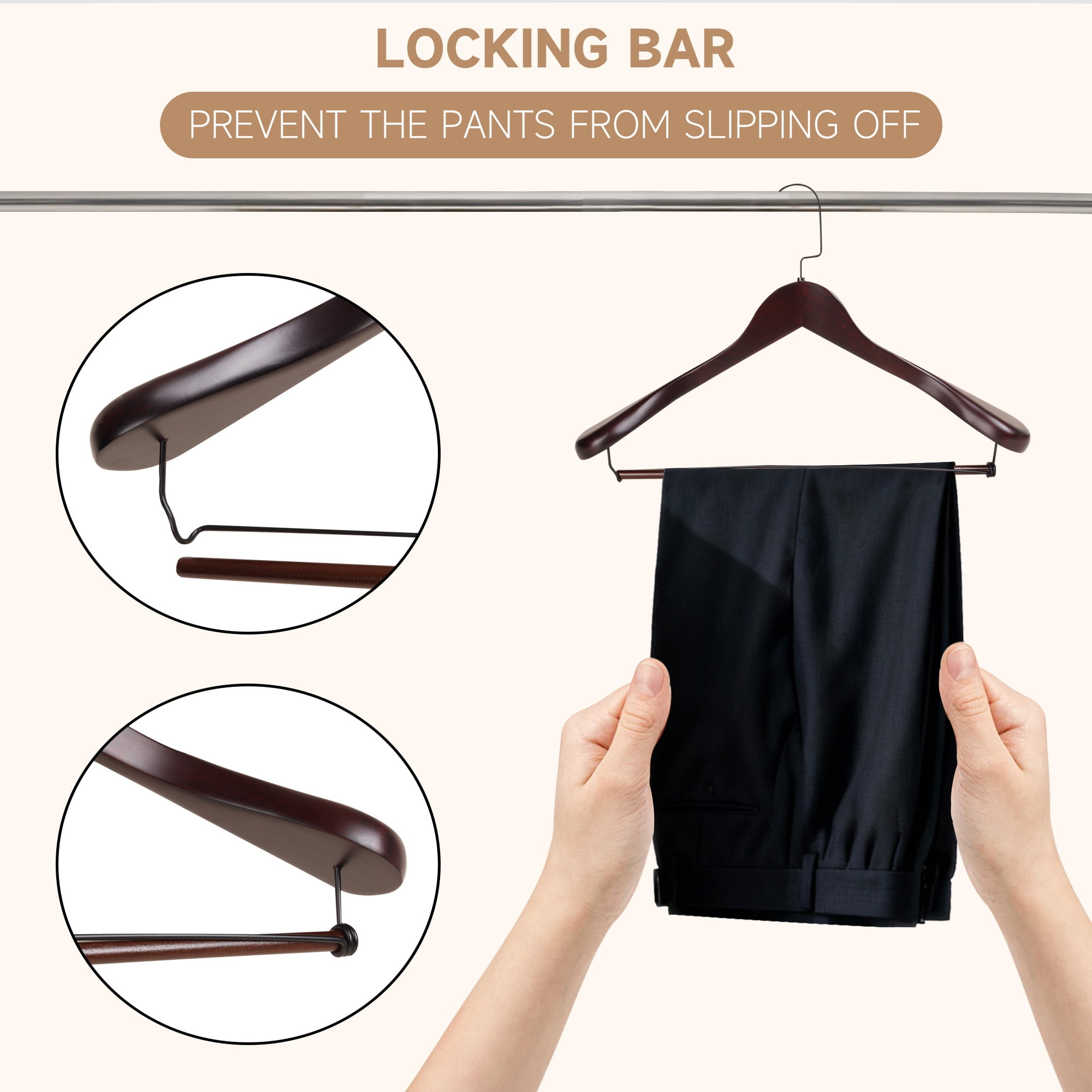 BP4U 2-Pack Premium Wide Shoulder Wooden Suit Hangers, Heavy-Duty Non-Slip Solid Wood Coat Hangers with Locking Bar for Suits & Coats(Dark Cherry)