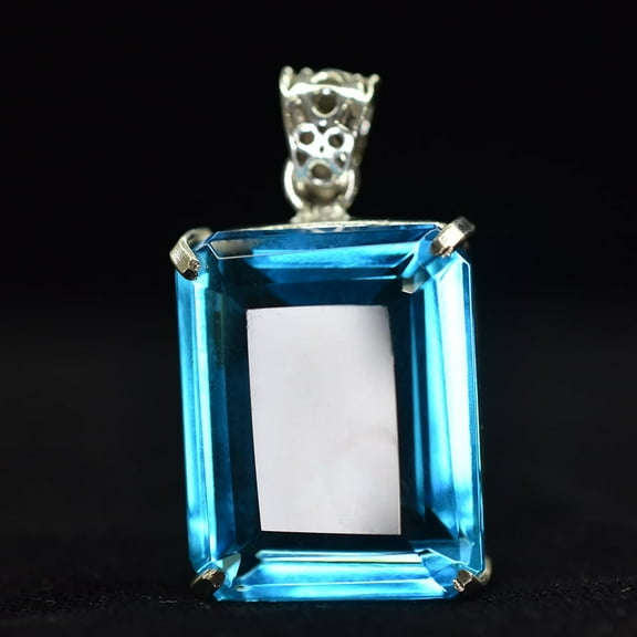 Natural Blue Topaz 91 Ct Certified 925 Starling Silver Emerald Cut Gems Pendant