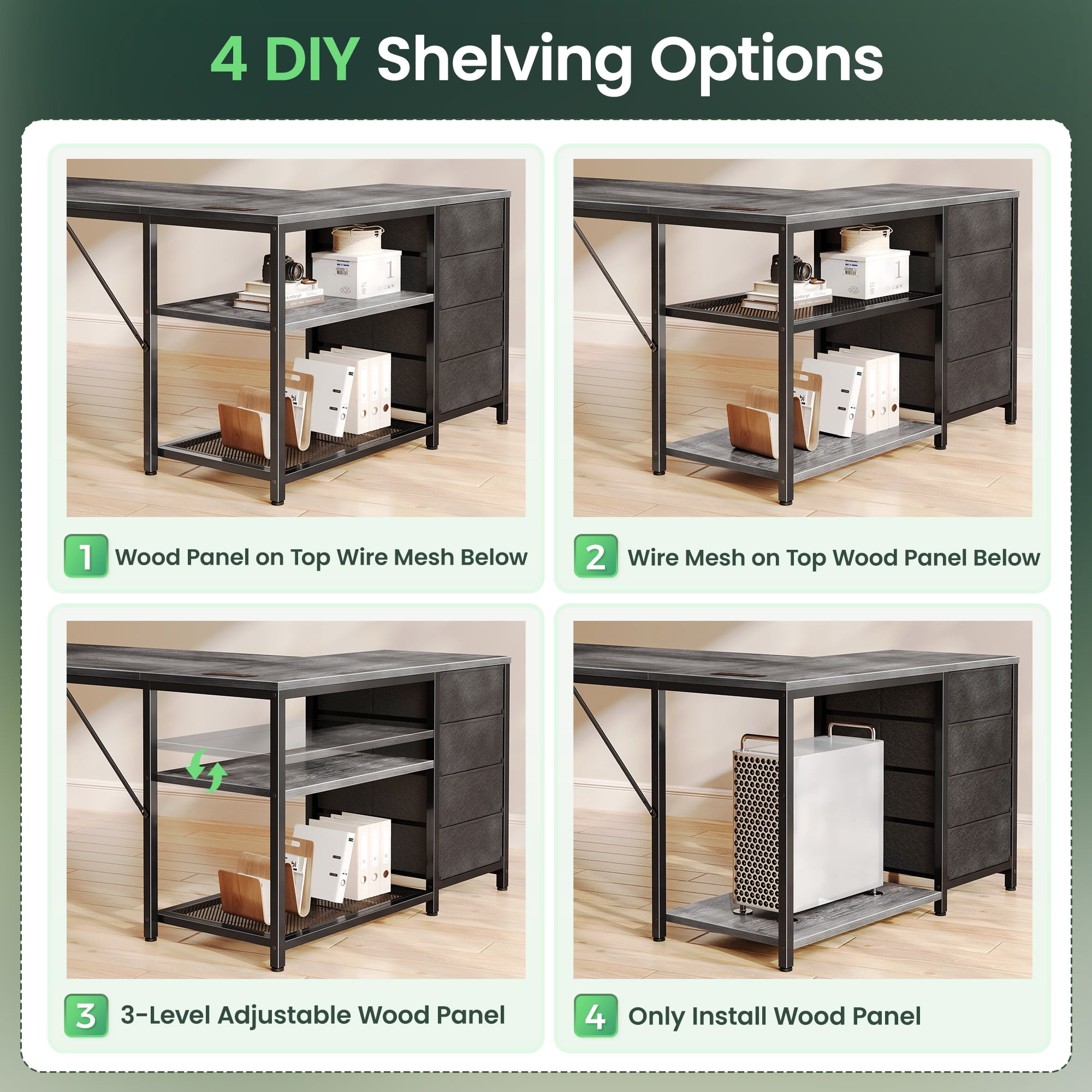 Amadwell 43 Inch L Shaped Desk with Power Outlets & Drawers, Reversible L-Shape Computer Desk