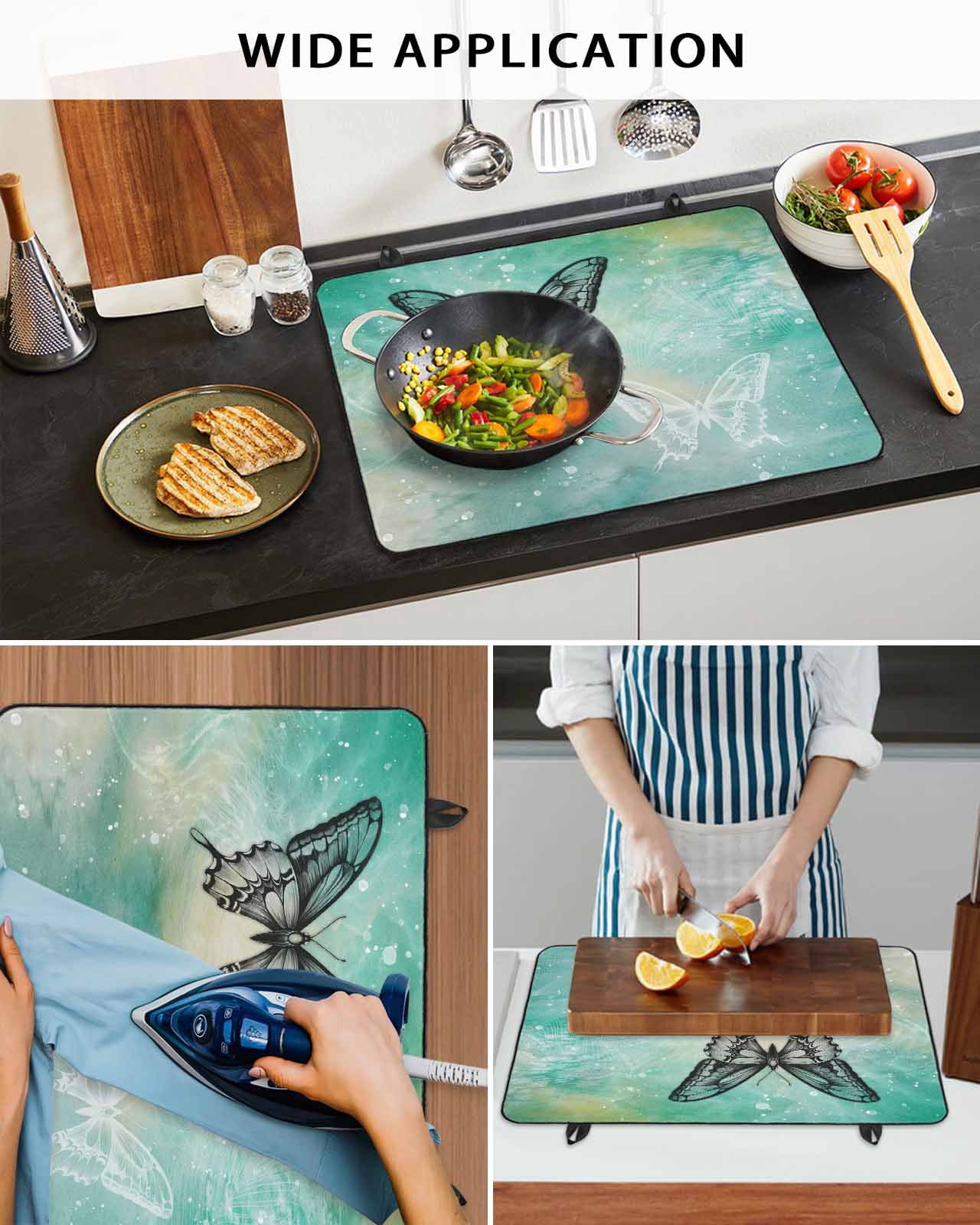 Large Induction Cooktop Protector Mat Black Butterflies Stove Top Covers for Electric Stove, Modern Abstract Gradient Teal Green Decorative Stove Burner Cover Mats, Glass Top Stove Cover