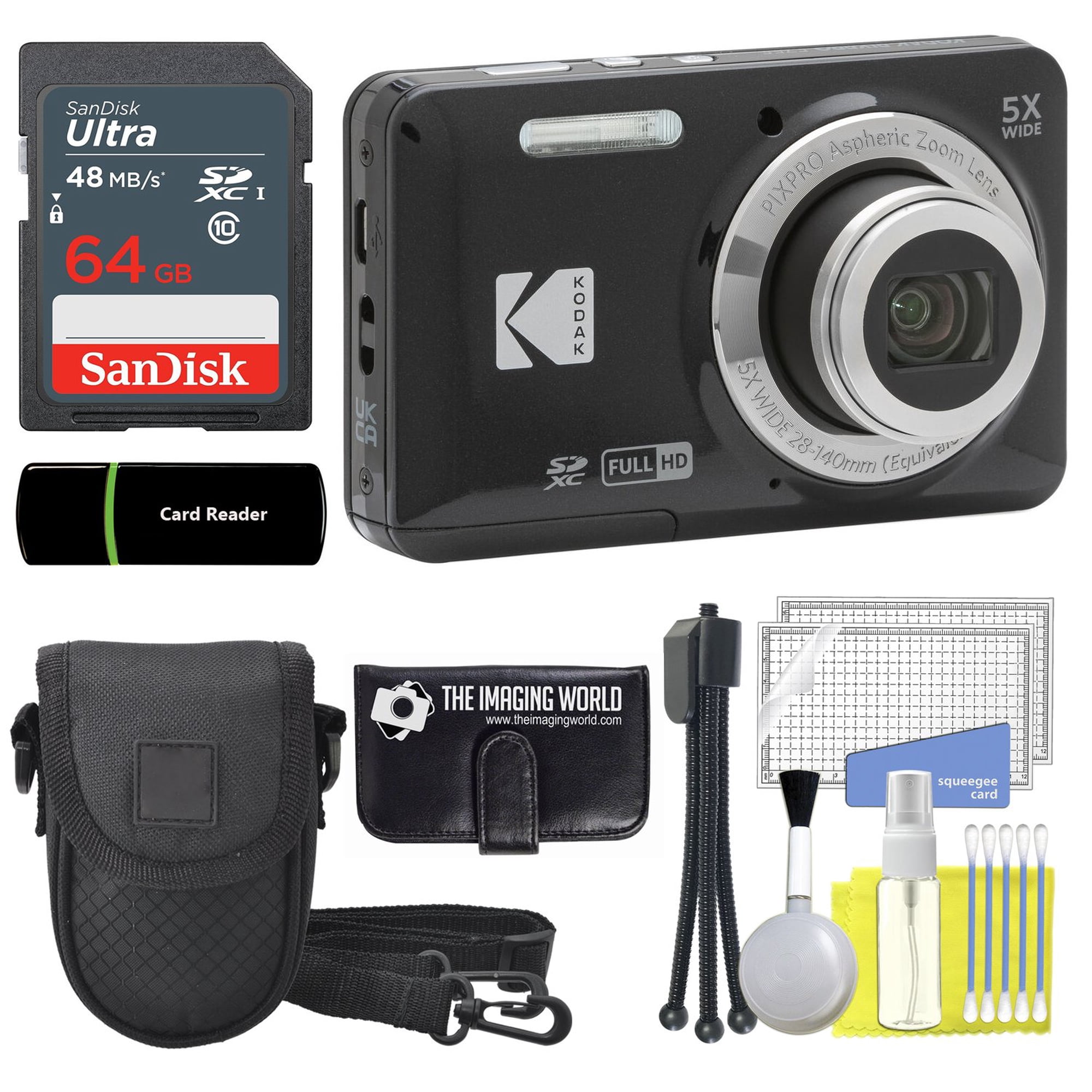 Kodak PIXPRO FZ55 Black 16MP Digital Camera 5X Optical Zoom 28mm Wide Angle 1080P Full HD Video 2.7" LCD Camera + 64GB Card and Reader + Case + Memory Wallet + Tripod + Cleaning Bundle