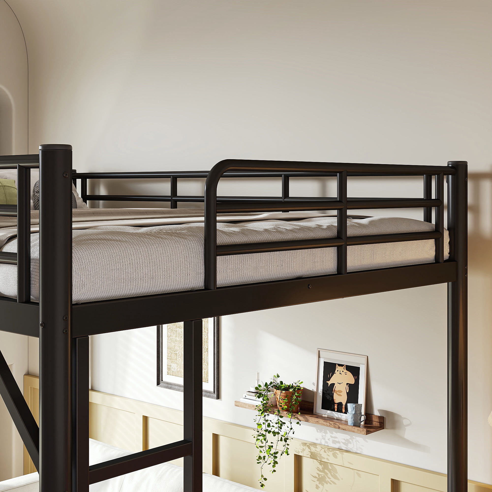 Mintazer Queen Metal Loft Bed Frame with Side Ladders & Guardrails for Teens Adults, No Box Spring Needed, Black
