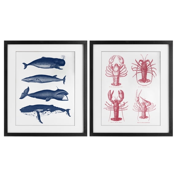 Marine Whales & Lobsters 2 Piece Black Framed Print Under Glass Set, design by Lettered and Lined