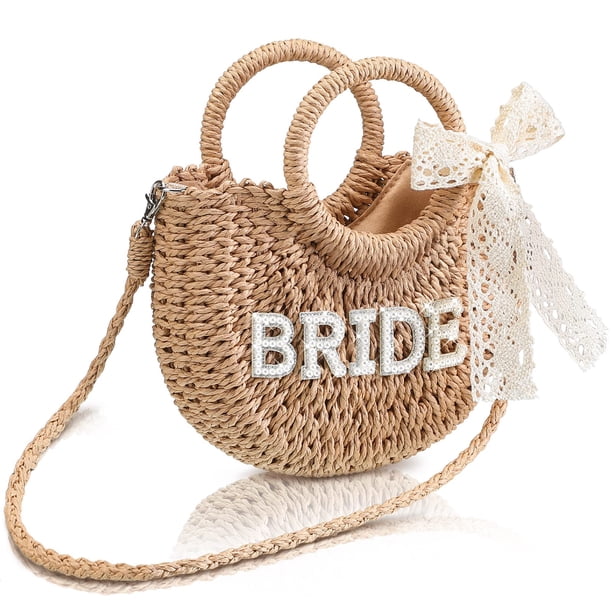 Bolso tejido a mano Straw Bride con diseño de letra rosa Mrs.