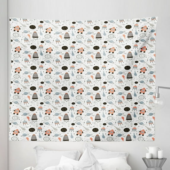Cartoon Tapestry, Hand Drawn Outer Space UFO and Spaceship Exploring Stars and Beyond, Fabric Wall Hanging Decor for Bedroom Living Room Dorm, 5 Sizes, Pale Blue Black, by Ambesonne