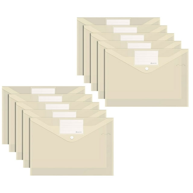10PCS Plastic Filing Envelopes with Snap Button Closure, Clear Document Folders for Letter A4 Size Files, Waterproof PVC Document Pouch Filing Bags for Business Office Receipt Travel, 13"x9"