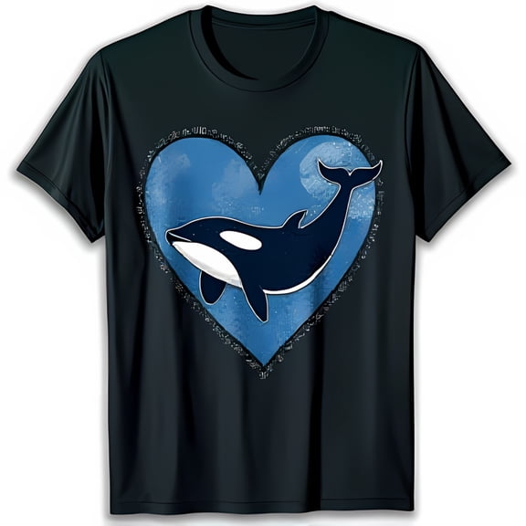 Stylized Orca Whale in Blue Heart Graphic Black T-Shirt for Men