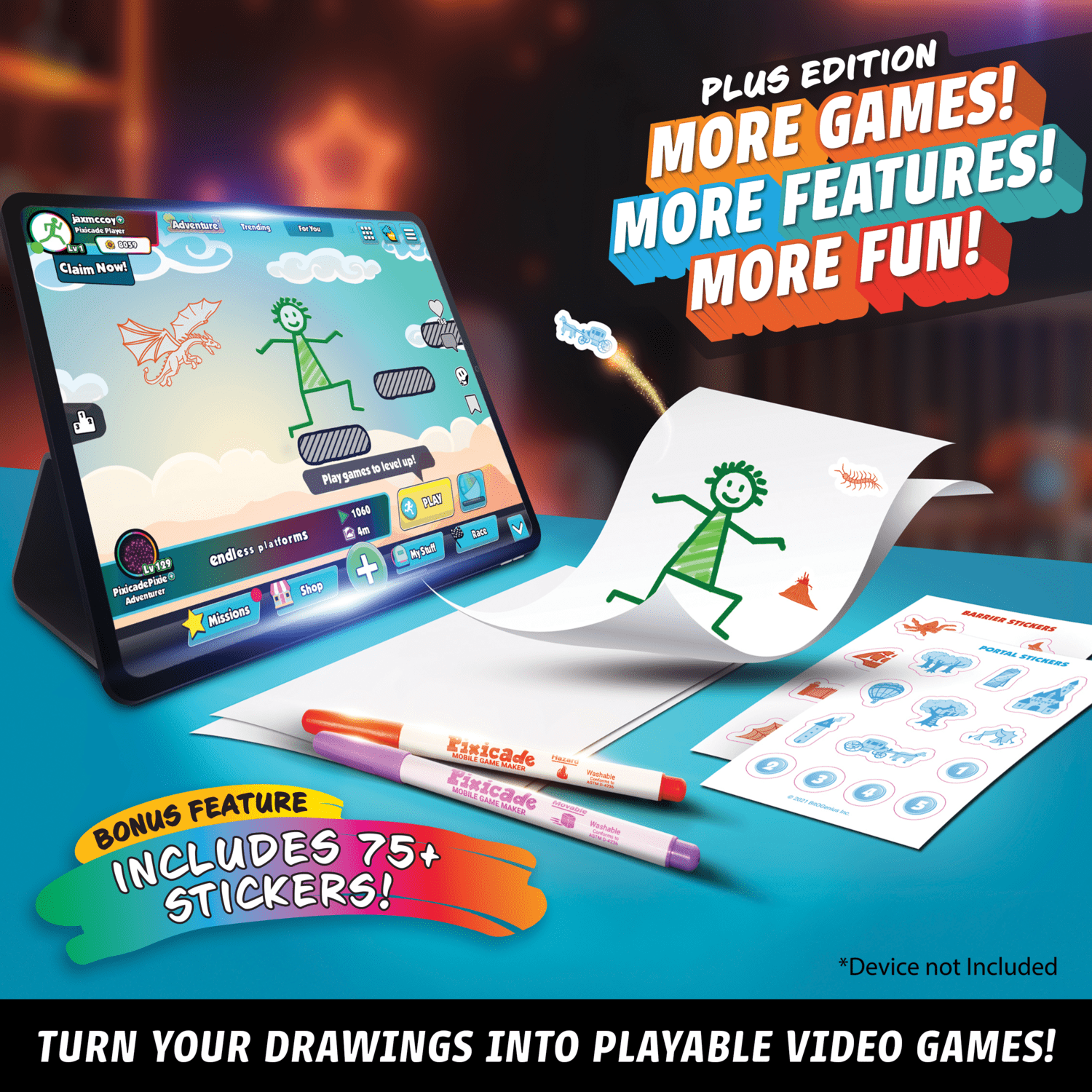 PIXICADE! - PLUS - Draw Your Own Video Game Creator Kit for Kids Ages 6+ – Turn Hand-Drawn Art into Playable Games