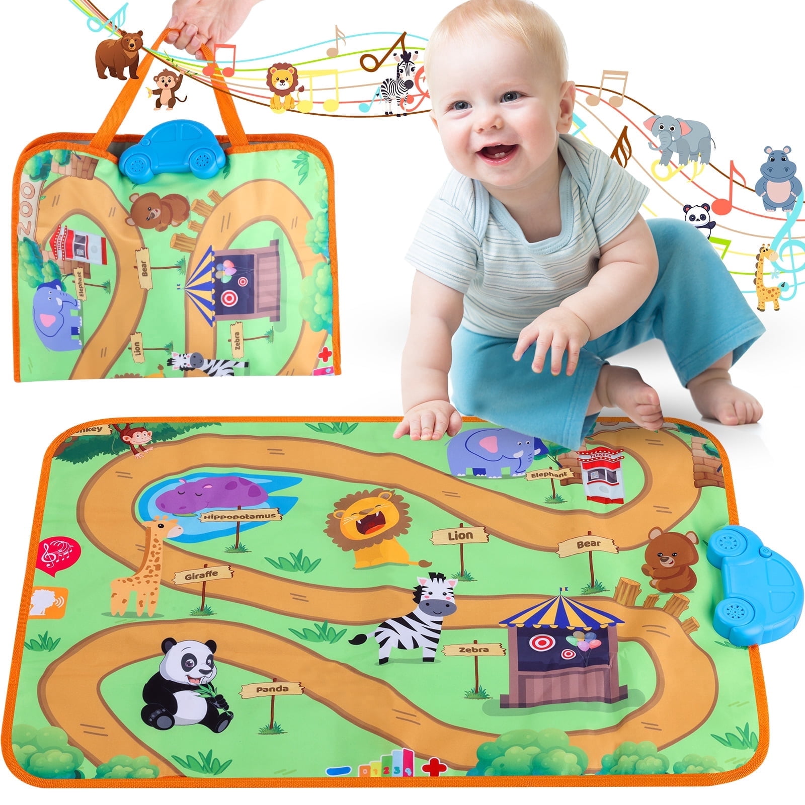 Baby Music Mat Toys for Toddlers 1-3, Animal Touch Play Blanket with 3 Musical Songs & 8 Animal Sounds