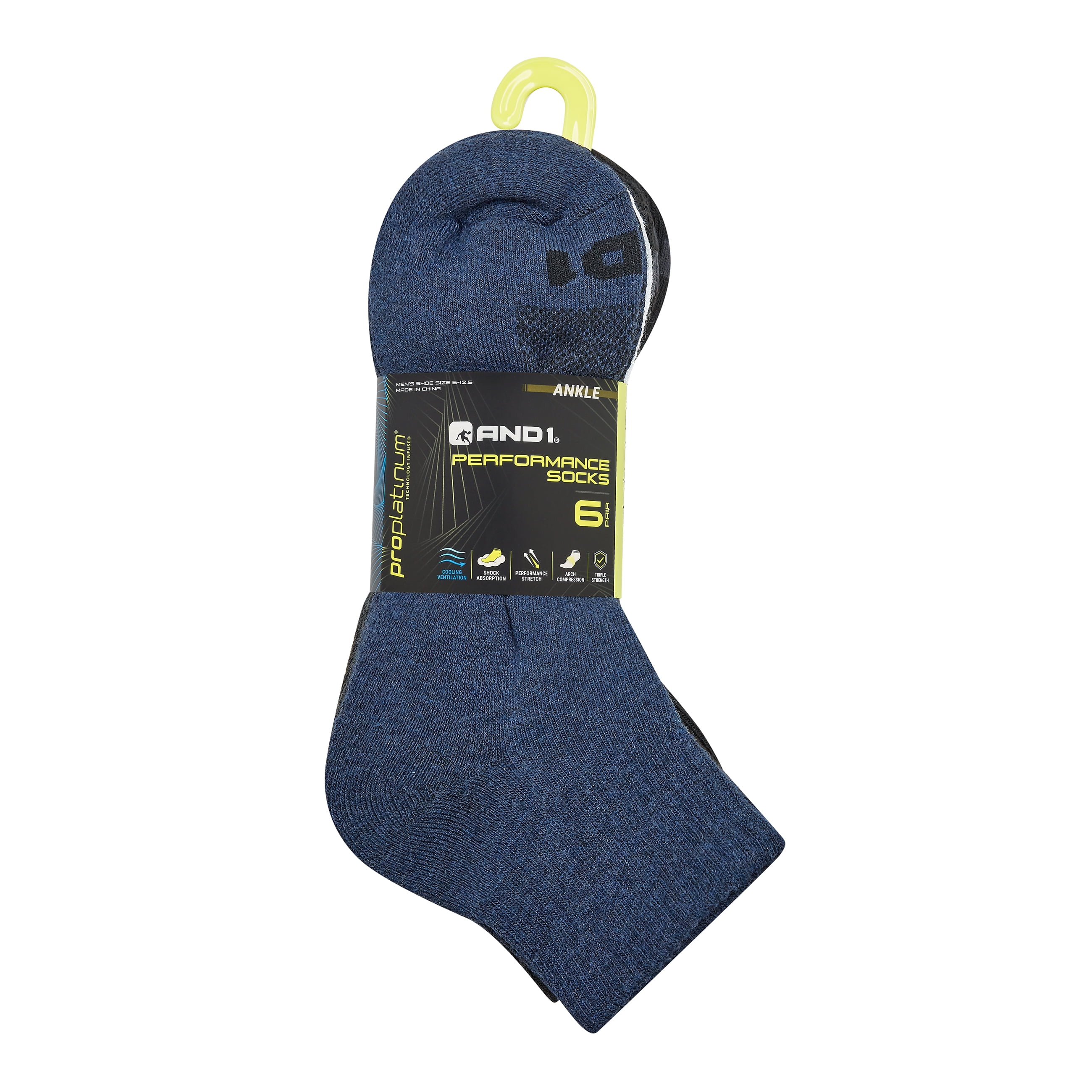 AND1 Men's Socks, Performance Cushion Ankle Socks, 6-Pack