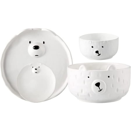 

Cute White Dinnerware Set for 1.Large Salad Soup Pasta Bowl and Dessert Plate.Ceramic Animal Small Rice Salsa Bowl and Cake Dish (Polar Set)